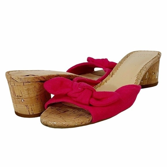 Crown & Ivy Winnie Slides Fuchsia Fabric Bow Cork Block Heel Sandal Size 7.5 - Picture 2 of 14